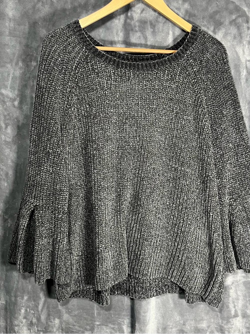 a.n.a Black Ribbed Knit Sweater with Ruffled Bell Sleeves